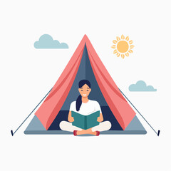Obraz premium Woman reading a book inside a tent on a sunny day