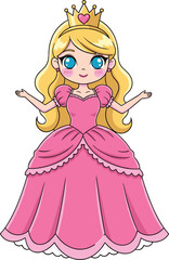 Fototapeta premium Cute Princess Girl Cartoon Character with Crown Pink Dress Fairy Tale Royal Child Mascot Fantasy Illustration Isolated Vector Clipart Set