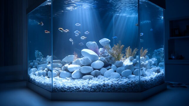 Large Glass Aquarium with Underwater Rocks and Swimming Fish.