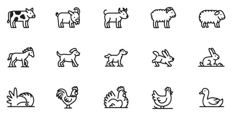 Fototapeta premium Detailed outline drawings of farm animals such as cows goats sheep horses dogs rabbits and chickens standing and walking in clean horizontal layout.
