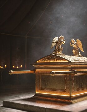 Complete golden Ark of the Covenant with cherubim and smoky dark copy space
