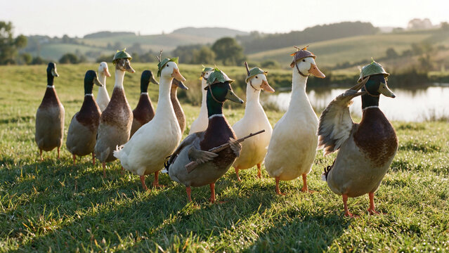 Funny pic group of ducks walking together on grass in sunny field scene
