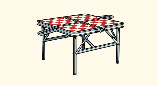 Foldable Picnic Table with Red and White Checked Top