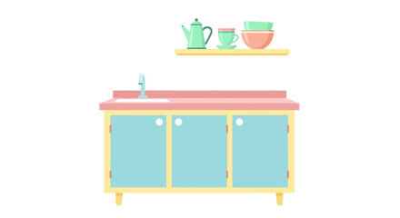 Obraz premium Pastel kitchen cabinet with sink and shelf with teapot and cups