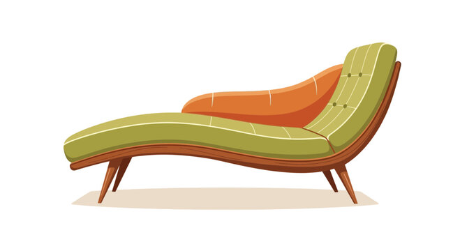 Retro chaise lounge with orange and green upholstery on wooden legs