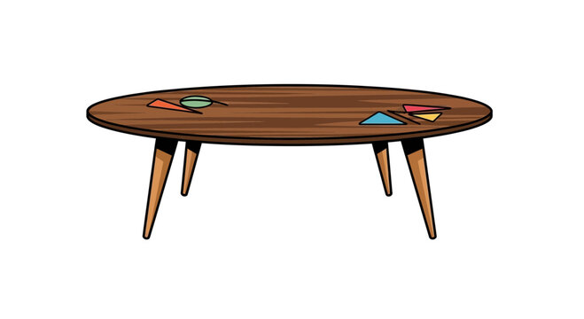 Oval wooden coffee table with geometric inlays