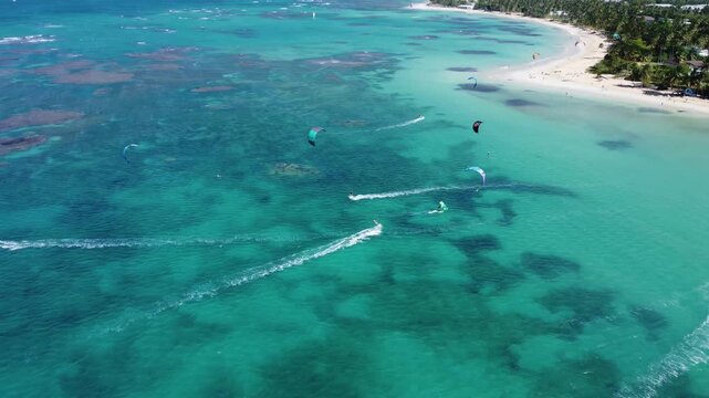 Kitesurfing at Playa Portillo Las Terrenas Dominican Republic Aerial Drone View