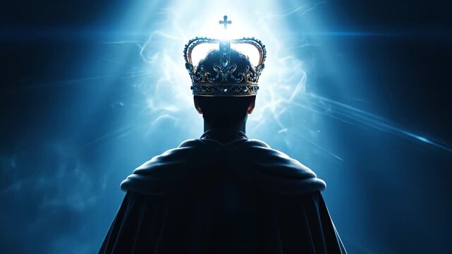 Silhouette of crowned figure with glowing light highlighting geometric patterns and contemporary art