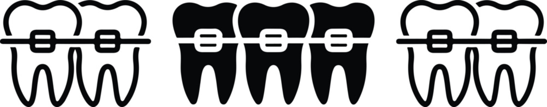 Minimalist dental braces vector icon set featuring teeth alignment with wire and brackets in outline and silhouette designs for orthodontics medical clinic and oral healthcare.