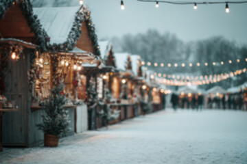 Fototapeta premium Charming Winter Market Stalls with Cozy Festive Atmosphere and Twinkling Lights in Snowy