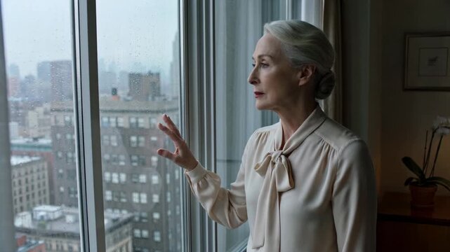 Pensive Senior Woman Gazing Through Window on a Rainy Day, Reflecting with a Melancholy