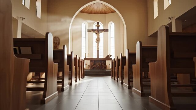 Interior of a church with pews and crucifix emphasizing modern aesthetics and minimalist design