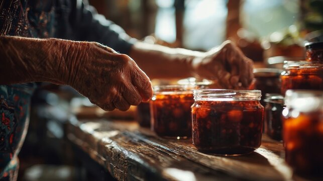 Elderly woman preserves fruits in glass jars, carefully sealing them with lids on a rustic wooden table in a warm, sunlit kitchen environment