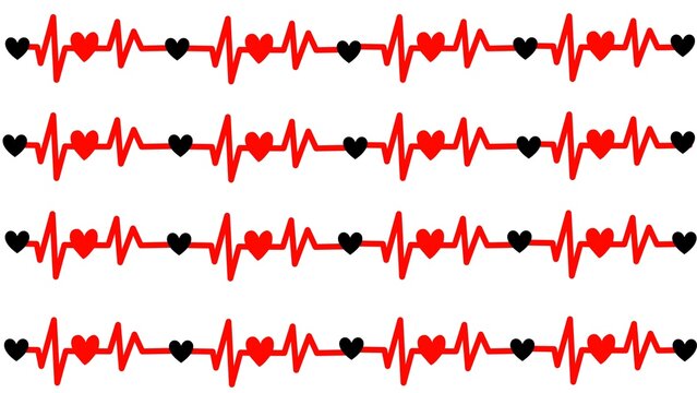 Seamless pattern of red heartbeat lines with red and black hearts. EKG pulse background for medical, healthcare, and cardiology design.