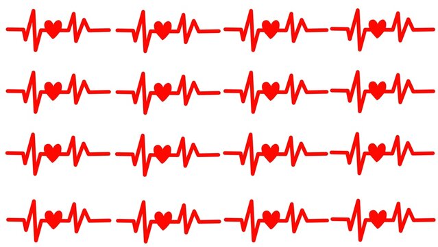 Seamless pattern of red heartbeat lines with hearts. EKG pulse background for medical, healthcare, and wellness designs.