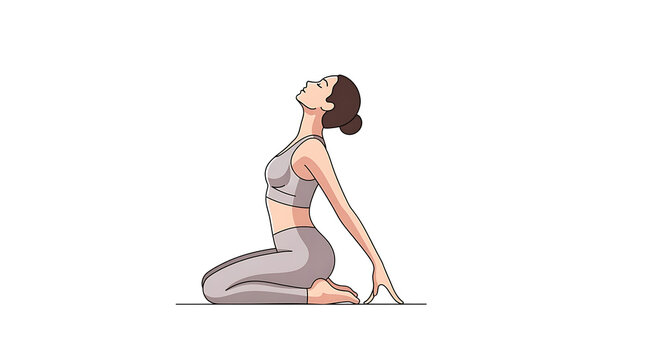 yoga, woman in gray sportswear, kneeling pose, back stretch
