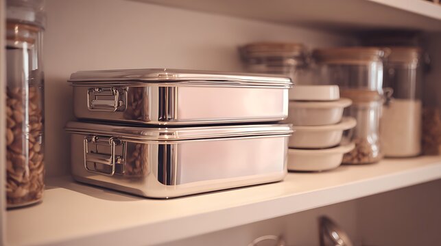 Stacked Metal Food Containers on a Kitchen Pantry Shelf.