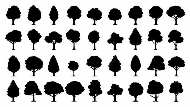 collection of twenty one black tree silhouettes isolated on a white background high quality professional detailed modern elegant