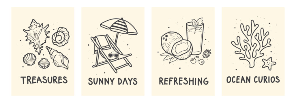 4 set of Summer beach postcard print or poster templates doodle set with shells starfish crab pineapple flamingo flip flops. Hand drawn line art in decorative square frames. Minimal Vector