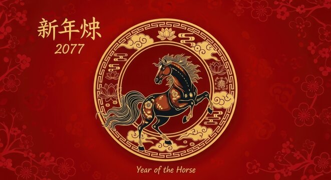 Chinese zodiac horse year 2077 vector icon illustration
