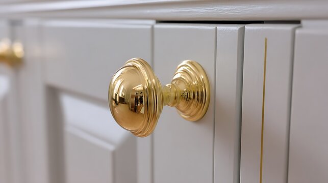Close up of elegant gold cabinet knob on light gray kitchen cabinet.
