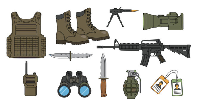 Detailed set of military equipment icons including a bulletproof vest combat boots firearms knives binoculars and hand grenades.