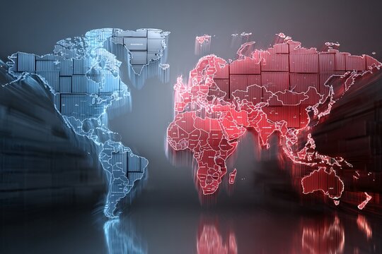 A dynamic 3D rendered world map showcasing global trade and interconnectedness with contrasting blue and red regions.