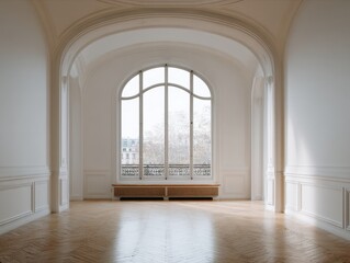 Fototapeta premium Elegant arched window frames a bright, empty room. Polished wood floor reflects soft, natural light. Classic white walls and trim add timeless grace. Balcony view hints at urban surroundings beyond