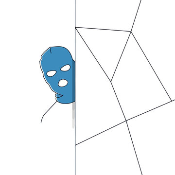 Blue Ski Mask Figure Peeking Around Corner, Criminal Concept, Minimalist Illustration