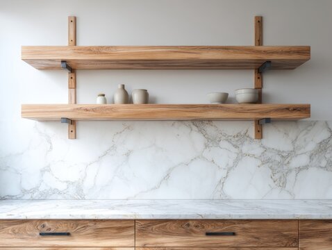 Minimalist wooden shelves mounted on marble wall. Simple ceramic items arranged neatly on top shelf. Natural wood tones complement clean white marble background. Wooden drawers below add warm