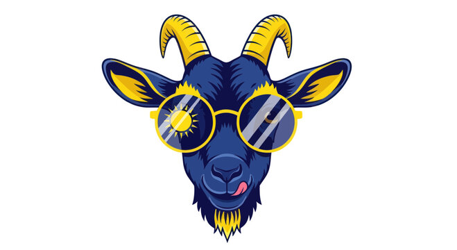Cool Goat Wearing Sunglasses with Sun Reflection, Tongue Out, Vector Art