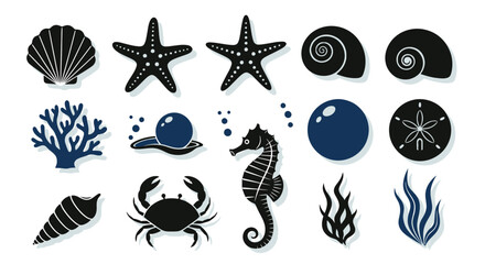Marine Life Icons Set: Starfish, Seahorse, Shells, Coral, Crab, Pearl © rahma
