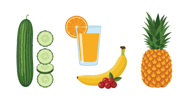 Fresh fruit assortment featuring a pineapple, banana, glass of orange juice, and sliced cucumber pieces.