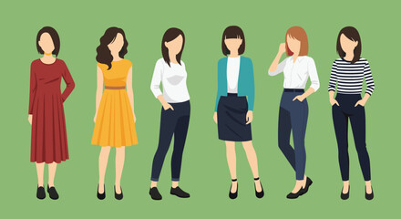 Fototapeta premium Group of six women standing together wearing various stylish and modern casual outfits and hairstyles.