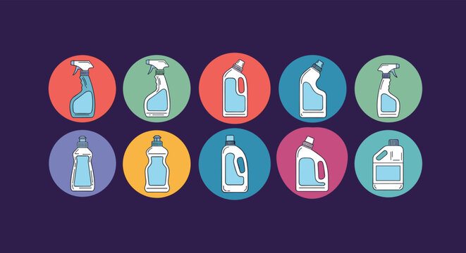 Collection of colorful circular icons each featuring a different type of cleaning product or detergent bottle.