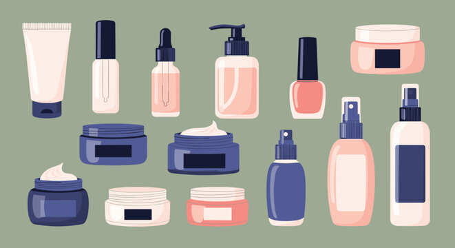 Assortment of beauty products in pink and blue packaging including creams, lotions, and spray bottles.
