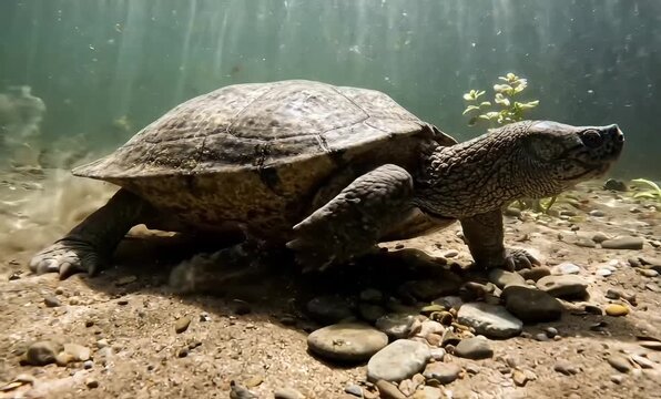 An aquatic turtle walks deliberately across the sandy river bottom, its shell showing intricate patterns.