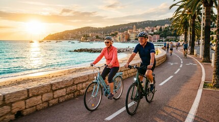 Fototapeta premium An older couple riding bicycles along the seafront