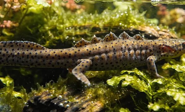 A newt with a spiny back rests on mossy rocks and green aquatic plants in shallow water.