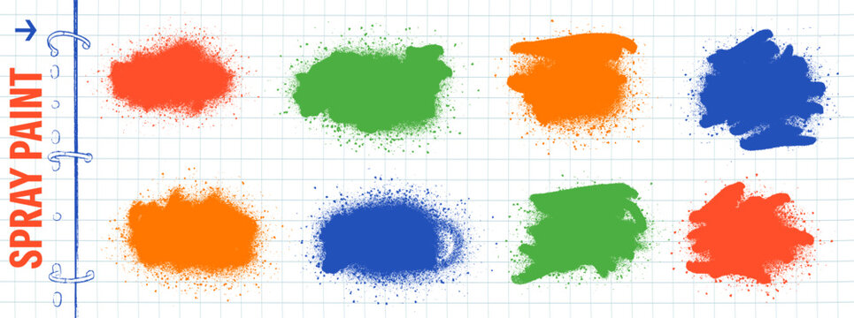 Spray shape colorful paper spots with school text box on grid notebook. Trendy spray graffiti shapes for education and kindergarten planner. Bold vector shape elements with childish pastel ink set.