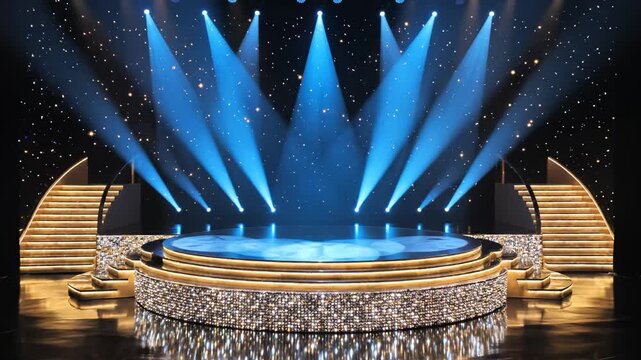 Stylized stage with blue lights and steps emphasizing environmental sustainability and eco-tourism