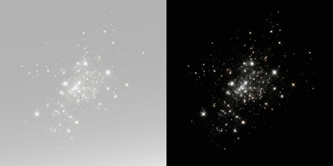 White stardust cloud with glowing cosmic particles and sparkling stars. Festive white snow sparkles with glowing particles and soft bokeh blur.  © Alehandro