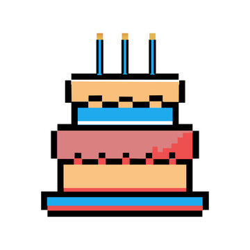 Colorful pixel art of birthday themed icon birthday cake with candle. Retro 8-bit vector graphic design	
