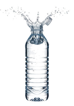 Clear water bottle with droplets spilling out, perfectly isolated on transparent background