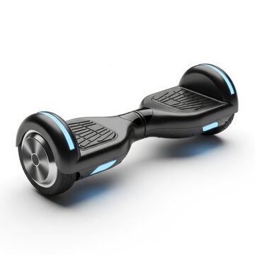 Black hoverboard with blue LED lights on white studio background modern personal transport.