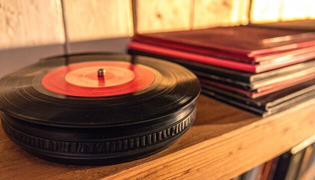 Close up of vintage black vinyl 45 RPM record with a red label sitting on a warm wooden shelf with stacked album covers in a retro setting
