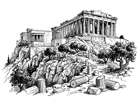 Parthenon and Athens Acropolis Ancient Greece Ruins: Hand-Drawn Ink Pen Sketch Line Art