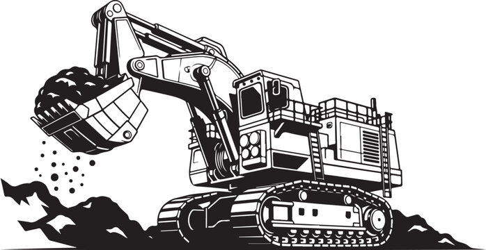Heavy duty excavator, construction equipment, industrial machine, black and white vector