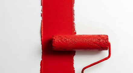 Obraz premium A red paint roller applies a vibrant stripe on a white wall surface.