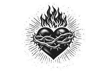 Sacred heart with flames doodle vector illustration with thorn crown, radiant rays and vintage tattoo style © Saad Hassan